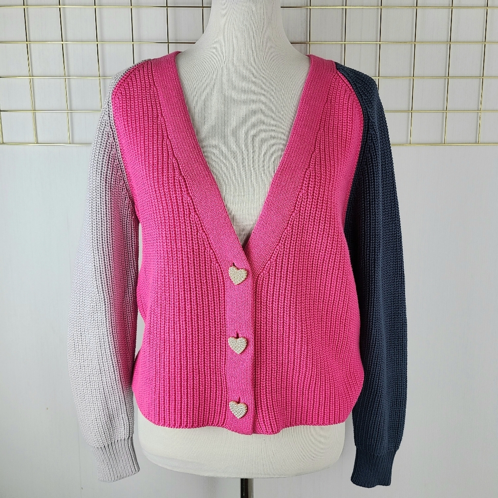 525 America Colorblock Pearl Heart Shape Buttons Slouchy Cardigan Sweater